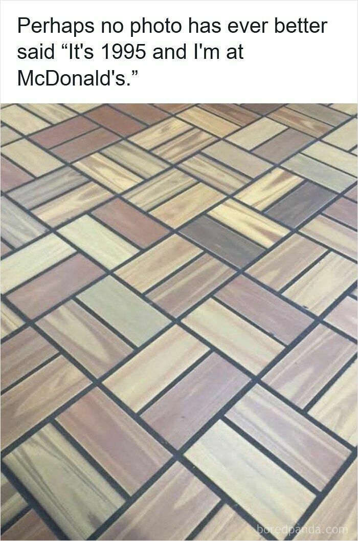 Nostalgic images of the iconic brown and tan patterned tile floor from a 1990s McDonald restaurant