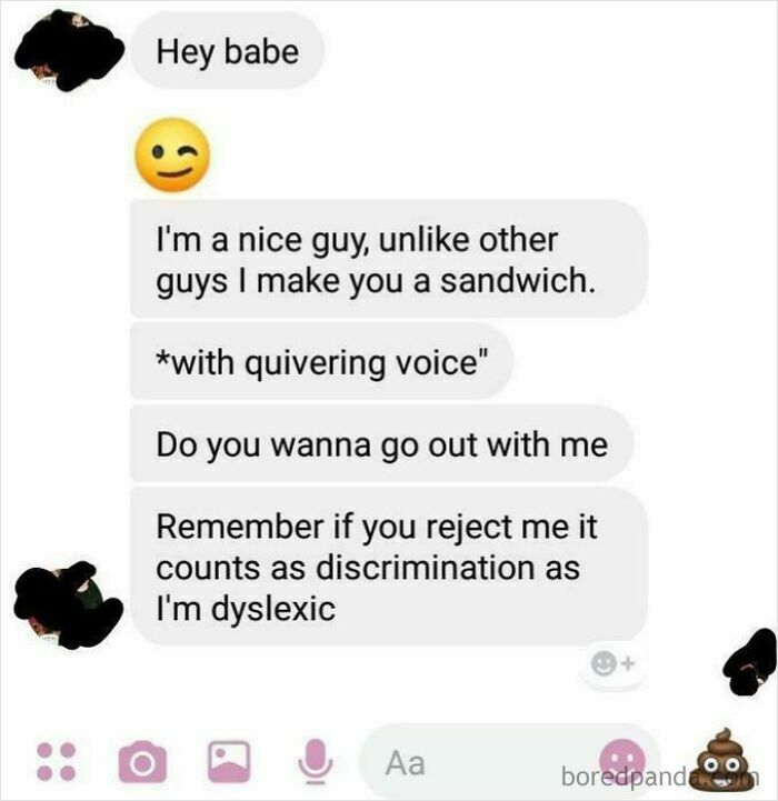 A cringey text exchange where a guy asks someone out with a quivering voice and a warning about discrimination.
