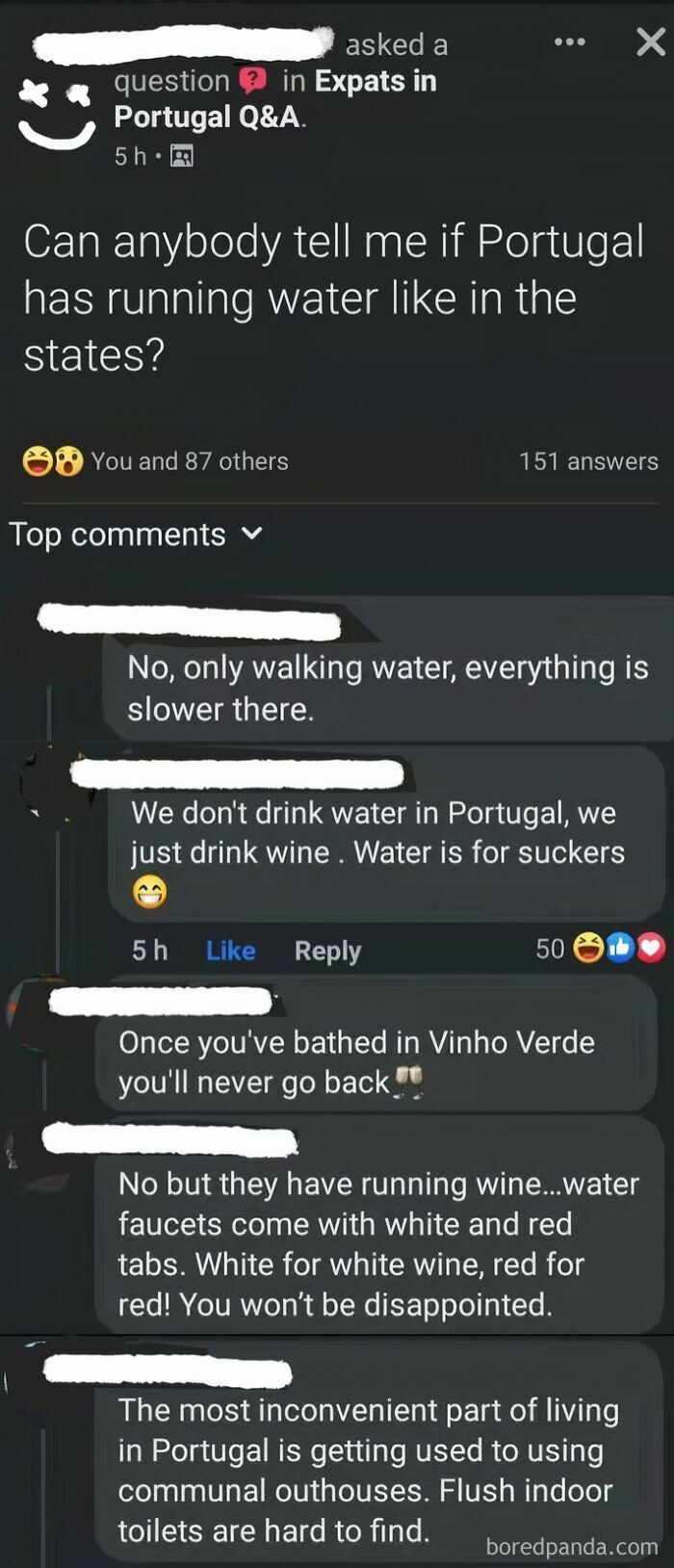 A Facebook comment thread showing people sarcastically responding to a cringey question about Portugal