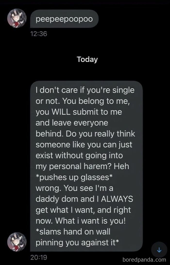 A cringey direct message exchange where a user roleplays as a daddy dom in an aggressive message