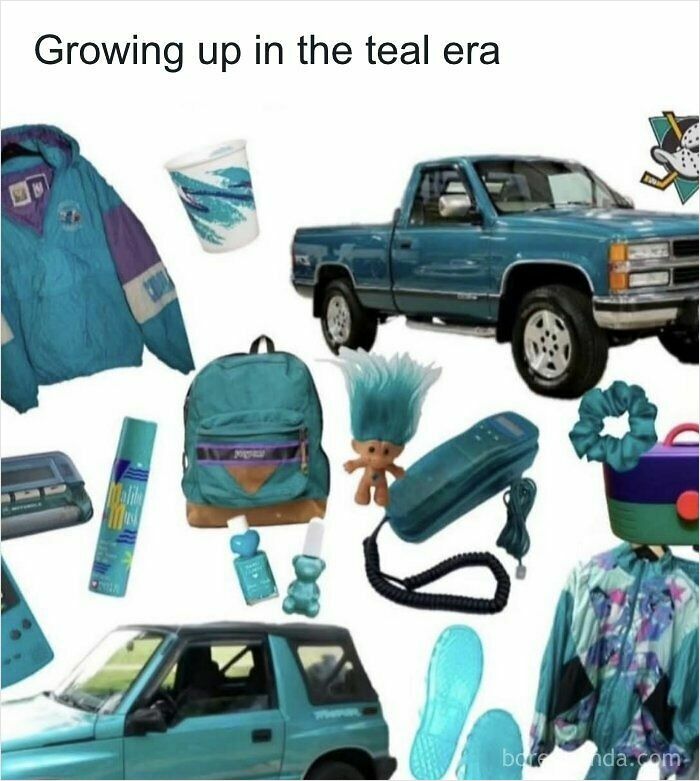 An array of teal retro items from the nineties, highlighting childhood nostalgia for 90s kids.