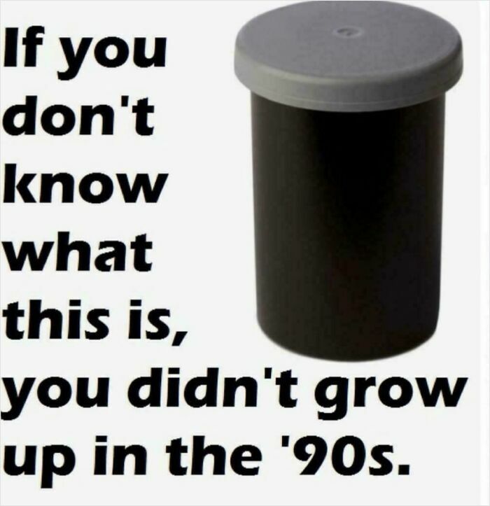 Nostalgic 35mm film canister with text about growing up as 90s kids.