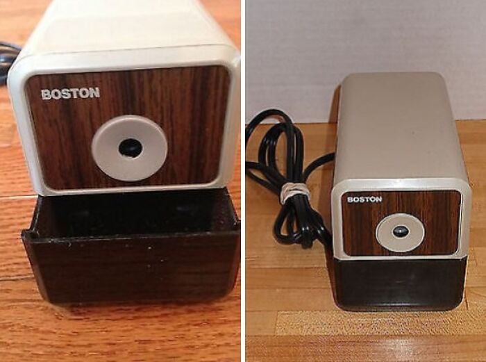 Retro Boston electric pencil sharpener with wood grain finish, nostalgic images from school days