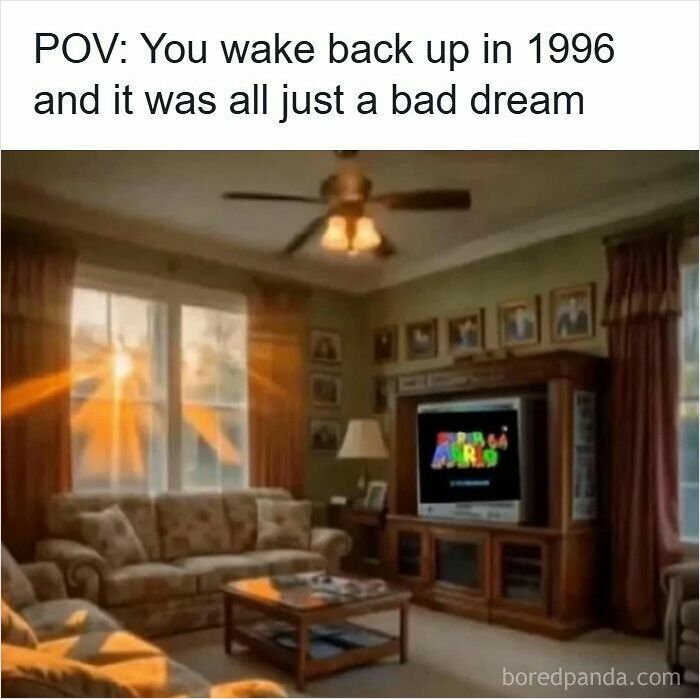 Cosy 1990s living room with Super Mario 64 on TV, triggering nostalgia for 90s kids.