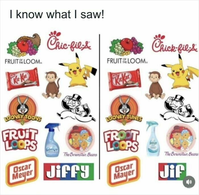 Mandela Effect comparison chart with retro logos, nostalgic images for 90s kids