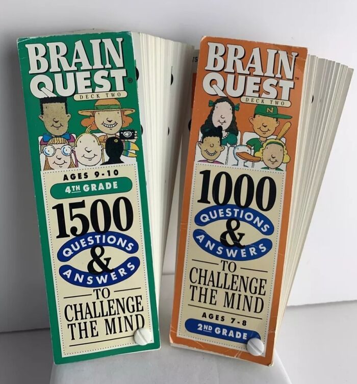 Two vintage Brain Quest card decks, bringing back childhood memories for 90s kids.