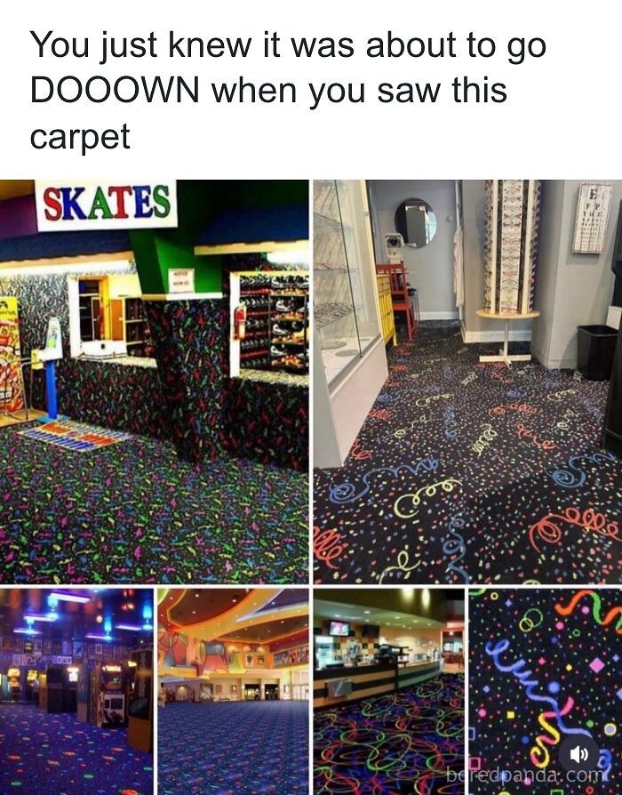 Collage of colorful neon roller rink carpets, evoking nostalgic memories for 90s kids.