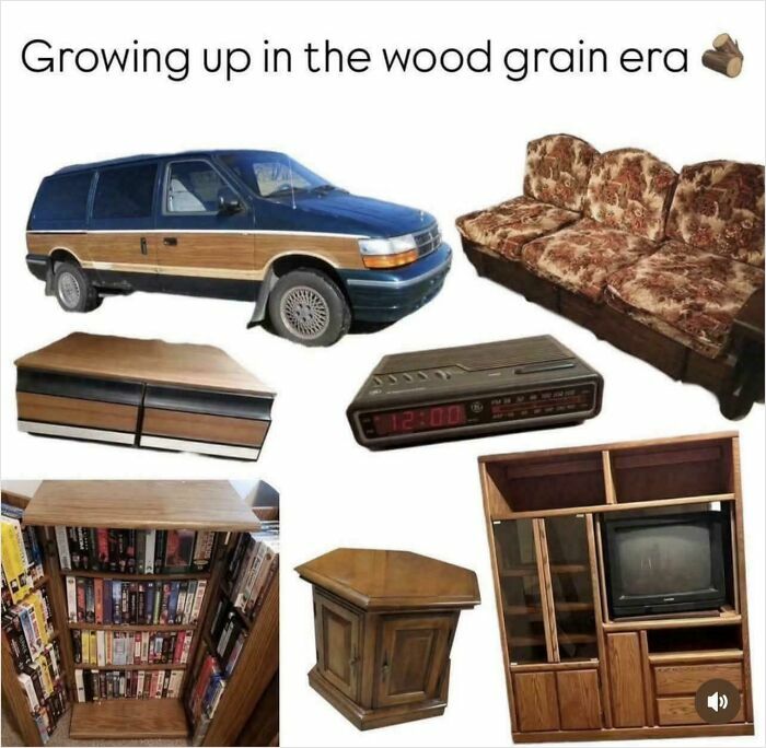 A collage of classic wood grain items like a minivan and TV cabinet loved by 90s kids