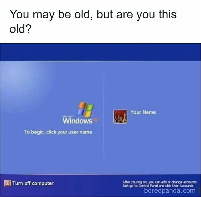 A classic Windows XP login screen, bringing back nostalgic images for 90s kids