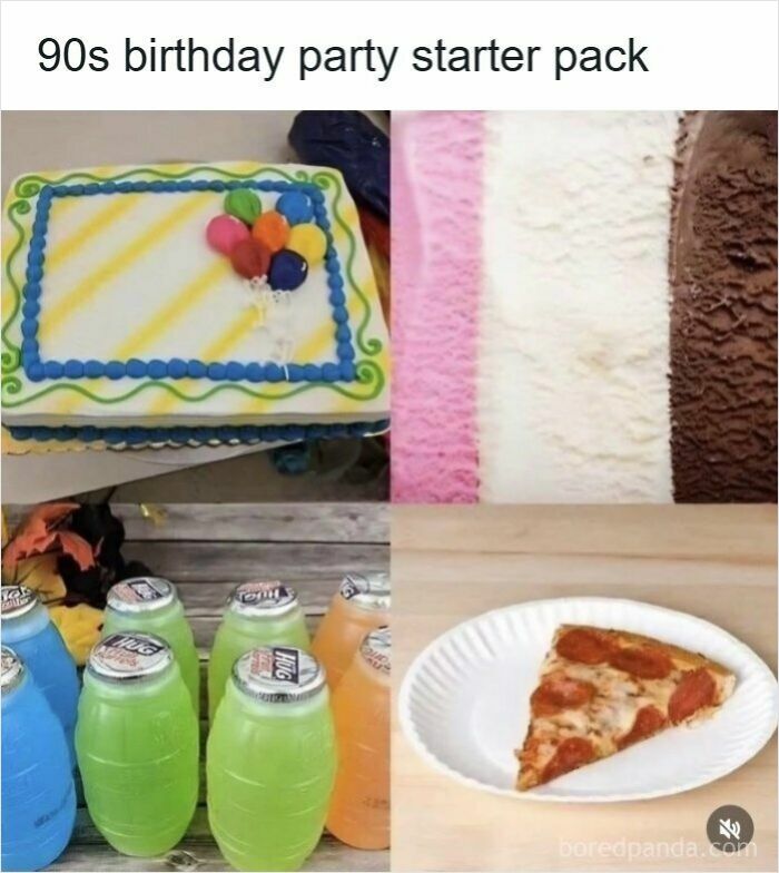 A 90s birthday party starter pack featuring nostalgic images of sheet cake, ice cream, juice jugs, and pizza