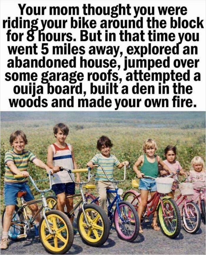 A group of 90s kids standing with their bikes in a field, evoking nostalgic images of childhood