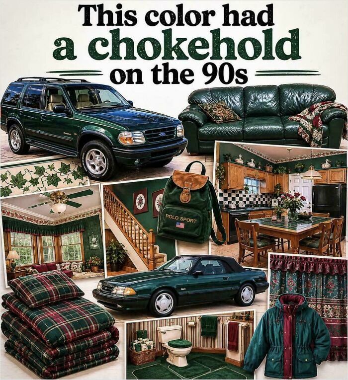 Forest green colored items from the 1990s, showcasing nostalgic 90s kids trends.