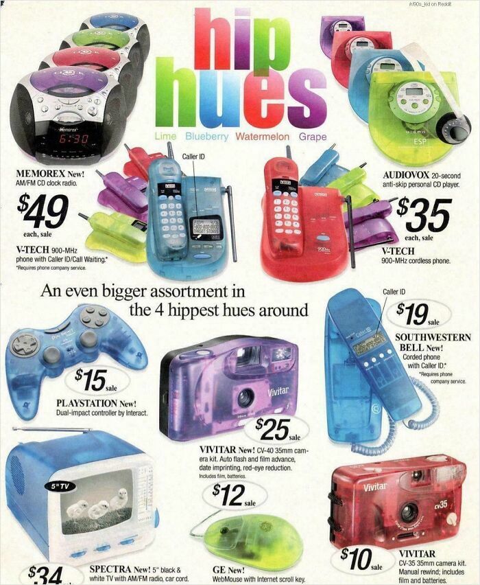 A retro print ad for colourful Hip Hues electronics showing nostalgic images of 90s tech.