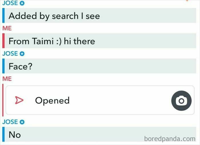 Cringe chat messages on an app where a user rejects a face photo sending a quick no