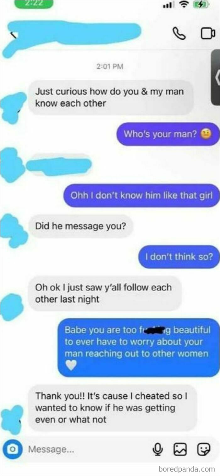 Awkward chat screenshot where a woman admits cheating on her boyfriend, bringing pure cringe