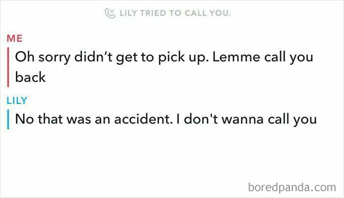 An awkward text exchange where Lily bluntly rejects a call back, causing pure cringe.