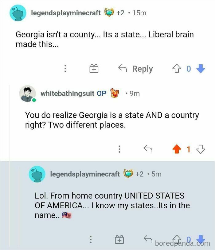 A cringey Reddit argument about geography where a user insists Georgia is only a state and not a country.