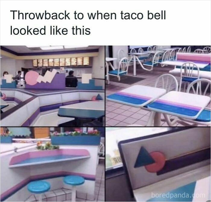 Throwback retro Taco Bell interior design showing classic nostalgic 90s kids restaurant aesthetic.
