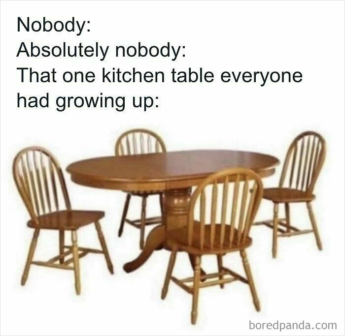 A classic wooden dining table and chairs, reminiscent of 90s kids childhood homes