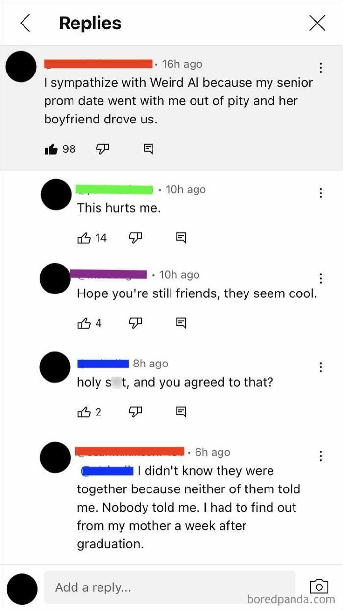 A cringe online comment thread describing a sad and awkward senior prom date scenario.