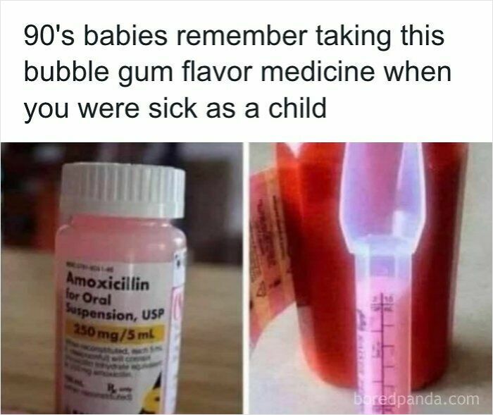 Pink bubble gum flavored Amoxicillin medicine bottle from the childhood memories of 90s kids