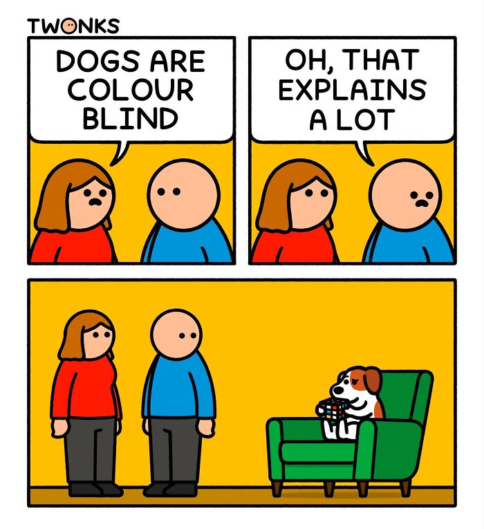 Funny comic by Steve Nelson about color blind dogs trying to solve a Rubik's cube.