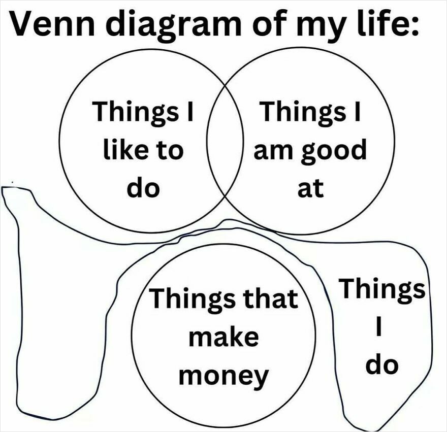 A relatable Venn diagram meme showing separate circles for things I like to do, make money, and actually do.