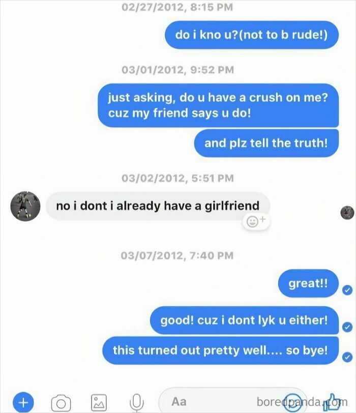 A chat transcript of a teenager awkwardly asking about a crush and getting rejected