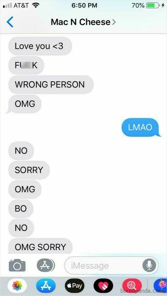 A text message conversation showing an accidental text causing a funny cringe moment