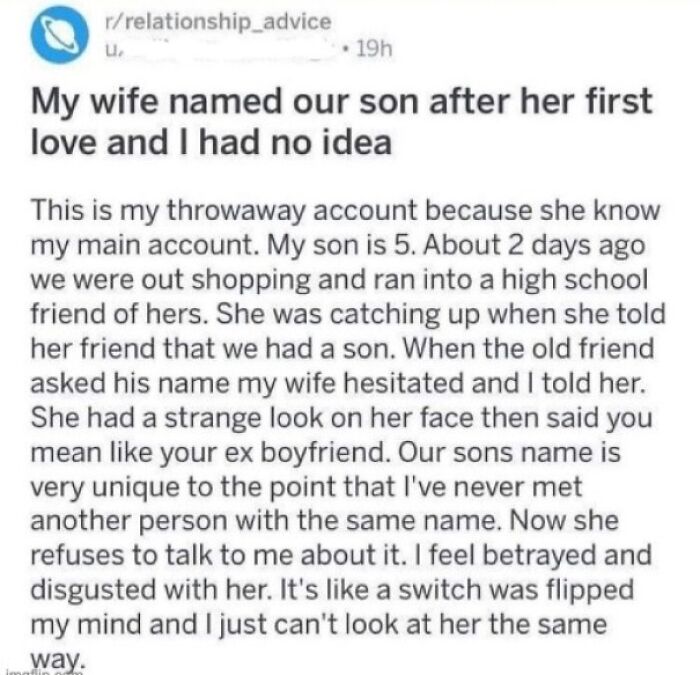 Reddit relationship advice post where a husband discovers a cringe secret about his son's name.