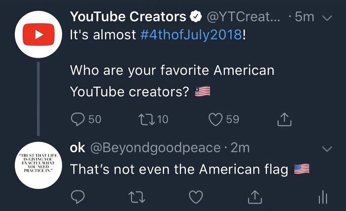 A tweet from YouTube Creators using the wrong flag, highlighting how companies tried way too hard to be cool.