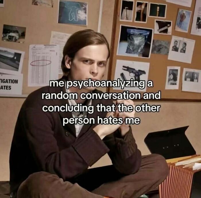 A man sitting cross-legged in front of a bulletin board in a meme about overthinking minor inconveniences.