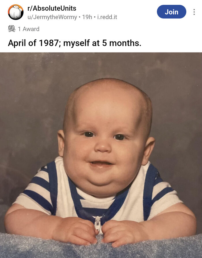 A childhood photo of a large baby posted online, highlighting internet humor and British memes