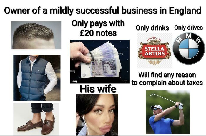 Starter pack meme depicting the stereotype of a mildly successful business owner in England, hilarious British memes
