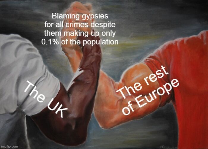 A painting of two arms shaking hands representing British memes on the UK and Europe blaming others