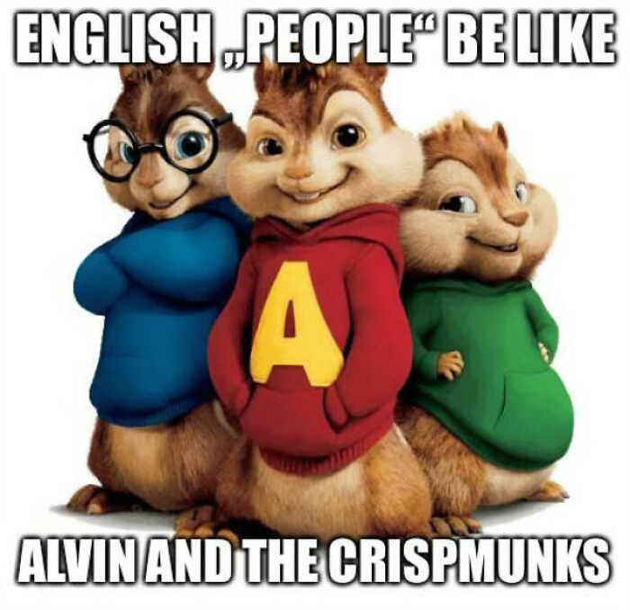 A meme featuring Alvin and the Chipmunks with a pun about British memes and English accents calling them Crispmunks