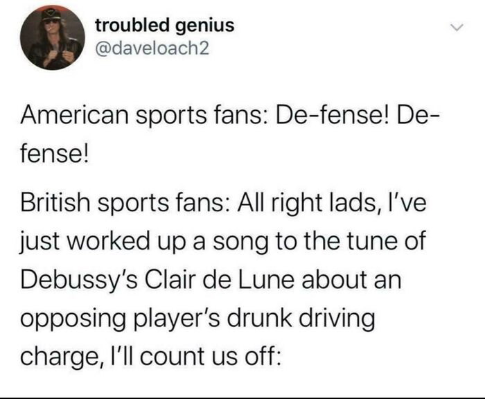 Tweet comparison highlighting the difference between American and British sports fans, showing British memes humor