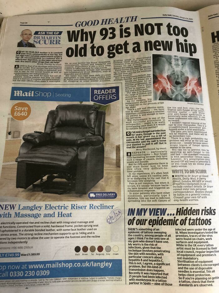 A newspaper page about health tips and offers, containing subtle humor often found in British memes