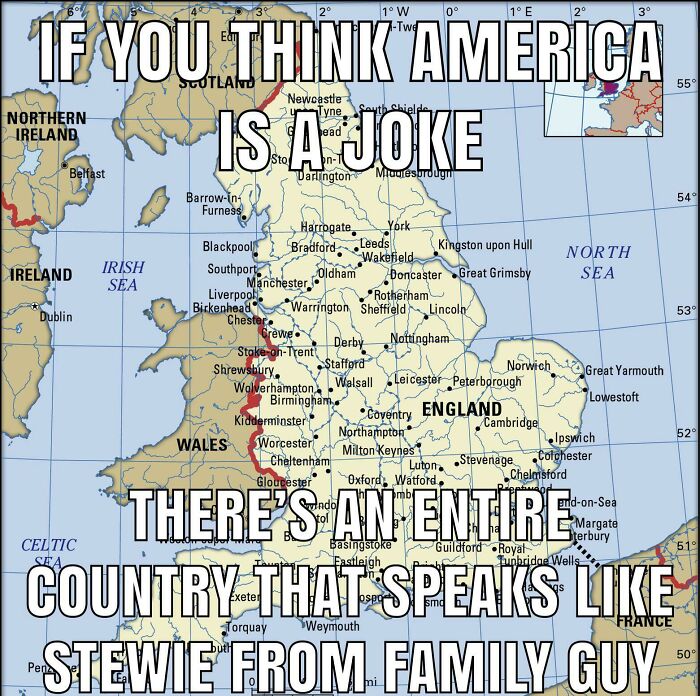 A British meme showing a map of the UK with a joke about speaking like Stewie from Family Guy