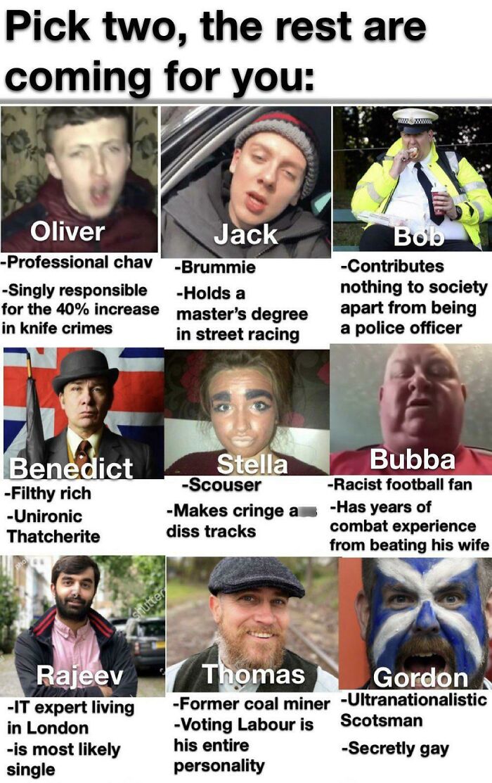 A grid of stereotypical British memes characters under the caption Pick two, the rest are coming for you