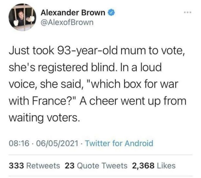 A funny tweet about a blind mother voting, representing classic British memes and humor about France