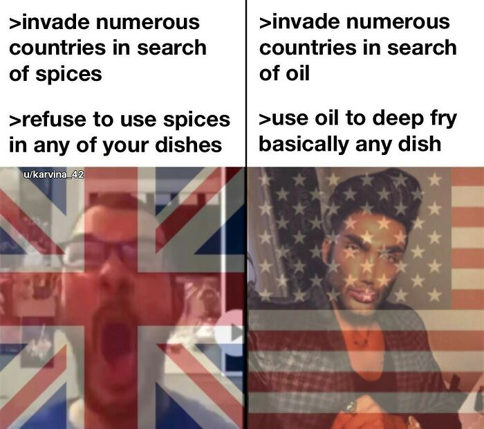 A meme comparing British colonization for spices with American colonization for oil.