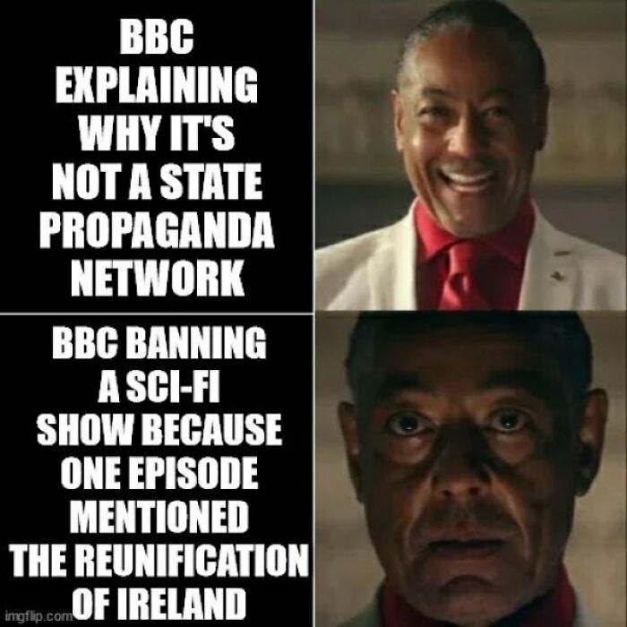 Meme comparing BBC propaganda explanations with banning a sci-fi show over Irish reunification, classic British memes