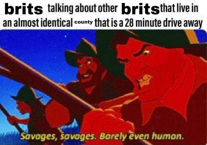 A Disney Pocahontas scene used as a British meme depicting rivalry between neighbouring UK counties