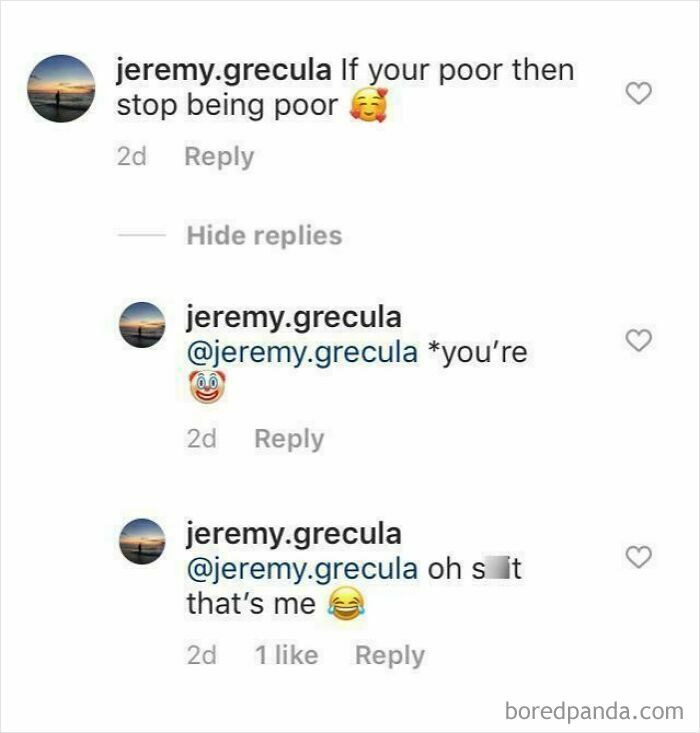 A social media comment thread where a user corrects their own grammar, representing pretending to be someone else.