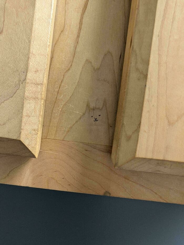 A tiny face drawn on a natural wood knot, showcasing a clever act of vandalism that resembles a cat.