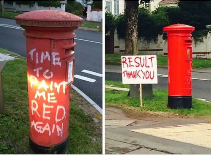 Before and after photos of a red mailbox with graffiti requesting paint, demonstrating a clever act of vandalism.