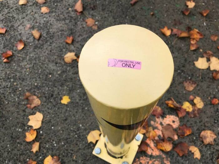 A yellow bollard on a leaf-covered pavement with a humorous pink medical sticker, a subtle act of vandalism.