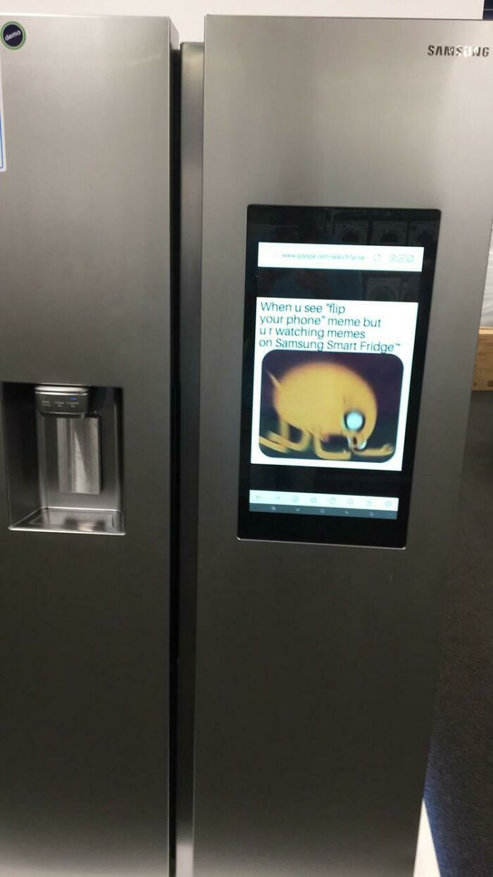 Clever acts of vandalism showing a meme displayed on a smart fridge screen