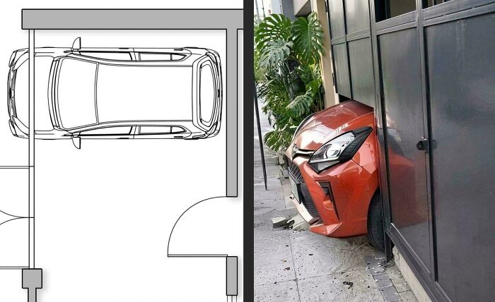 An orange car parked in a garage too small for it, showcasing home renovation planning fails.